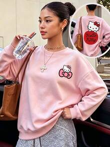 HELLO KITTY AND FRIENDS | SHEIN 青少年女孩淺粉色正反面印花圓領衛衣，蝴蝶結卡通圖案寬鬆長袖休閒春秋套頭上衣，女孩子返校穿搭 - 粉色 - 查看 6