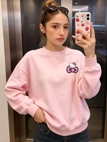 HELLO KITTY AND FRIENDS | SHEIN 青少年女孩淺粉色正反面印花圓領衛衣，蝴蝶結卡通圖案寬鬆長袖休閒春秋套頭上衣，女孩子返校穿搭 - 粉色 - 查看 7