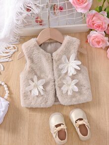 SHEIN 女嬰可愛秋冬毛茸茸花卉背心外套 - 卡其色 - 查看 2