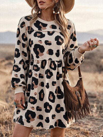 Wildy BOHO Retro Vintage 70er Jahre lässiger westlicher Stil Land Nomaden Damen Kurz-Kleid Leopardenmuster Langarm Herbst/Winter tägliches Basisoutfit Picknick Beige