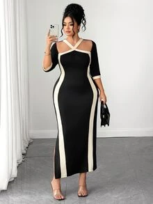 Elenzga Plus Elegant Colorblock Split Thigh Dress Cocktail Evening Party Black Autumn Fall - Black - View 6