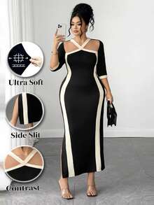 Elenzga Plus Elegant Colorblock Split Thigh Dress Cocktail Evening Party Black Autumn Fall - Black - View 2