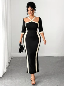 Elenzga Plus Elegant Colorblock Split Thigh Dress Cocktail Evening Party Black Autumn Fall - Black - View 9