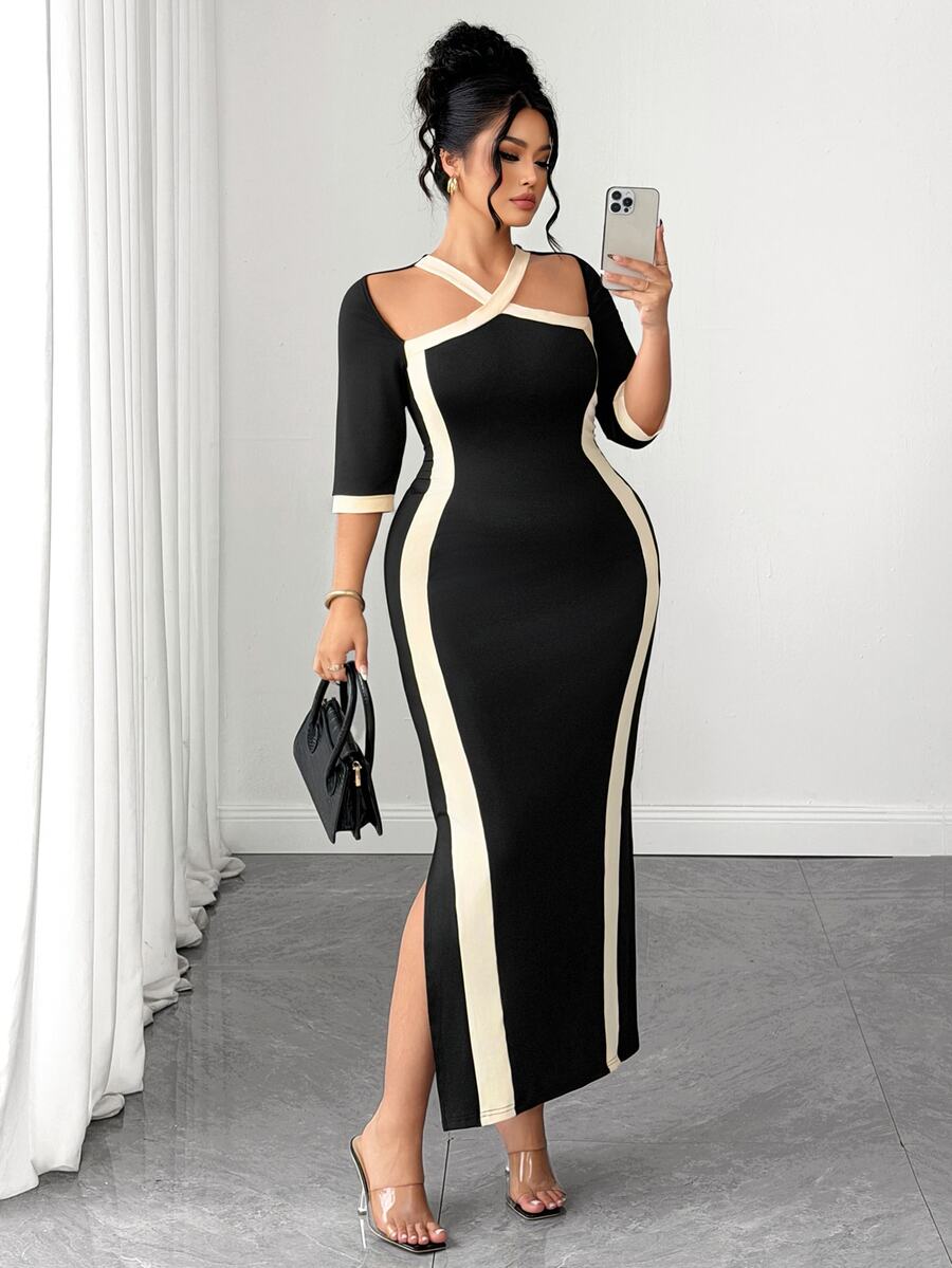 Elenzga Plus Elegant Colorblock Split Thigh Dress Cocktail Evening Party Black Autumn Fall - Black - View 1