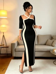 Elenzga Plus Elegant Colorblock Split Thigh Dress Cocktail Evening Party Black Autumn Fall - Black - View 7