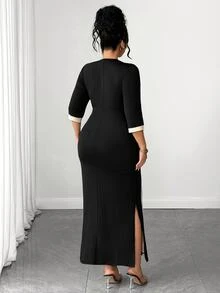 Elenzga Plus Elegant Colorblock Split Thigh Dress Cocktail Evening Party Black Autumn Fall - Black - View 3
