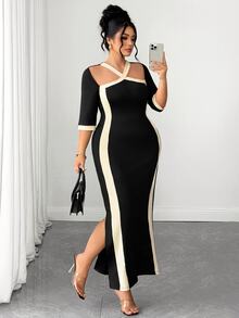 Elenzga Plus Elegant Colorblock Split Thigh Dress Cocktail Evening Party Black Autumn Fall - Black - View 4