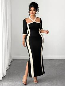 Elenzga Plus Elegant Colorblock Split Thigh Dress Cocktail Evening Party Black Autumn Fall - Black - View 5