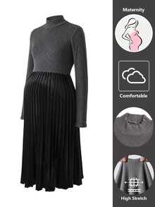 Momance Autumn/Winter Knit Maternity Maxi Dress, High Neck Patchwork Photoshoot, Long Sleeve Ribbed Brushed Knit 2 In 1, Grey Business Casual Chic Elegant - Black - View 9