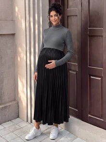 Momance Autumn/Winter Knit Maternity Maxi Dress, High Neck Patchwork Photoshoot, Long Sleeve Ribbed Brushed Knit 2 In 1, Grey Business Casual Chic Elegant - Black - View 1