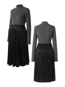 Momance Autumn/Winter Knit Maternity Maxi Dress, High Neck Patchwork Photoshoot, Long Sleeve Ribbed Brushed Knit 2 In 1, Grey Business Casual Chic Elegant - Black - View 5