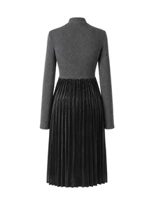 Momance Autumn/Winter Knit Maternity Maxi Dress, High Neck Patchwork Photoshoot, Long Sleeve Ribbed Brushed Knit 2 In 1, Grey Business Casual Chic Elegant - Black - View 2