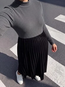 Momance Autumn/Winter Knit Maternity Maxi Dress, High Neck Patchwork Photoshoot, Long Sleeve Ribbed Brushed Knit 2 In 1, Grey Business Casual Chic Elegant - Black - View 10