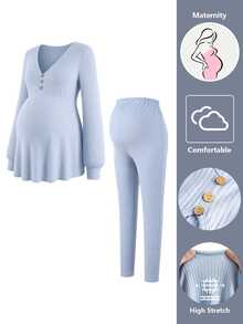 GentleRue Maternity Maternity Blue Button Long Sleeve 2 Pieces Set Fall - Baby Blue - View 4