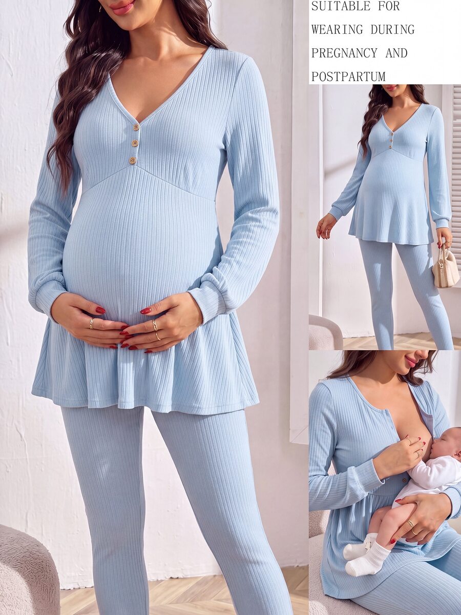 GentleRue Maternity Maternity Blue Button Long Sleeve 2 Pieces Set Fall - Baby Blue - View 1