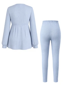GentleRue Maternity Maternity Blue Button Long Sleeve 2 Pieces Set Fall - Baby Blue - View 5