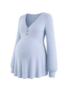 GentleRue Maternity Maternity Blue Button Long Sleeve 2 Pieces Set Fall - Baby Blue - View 6