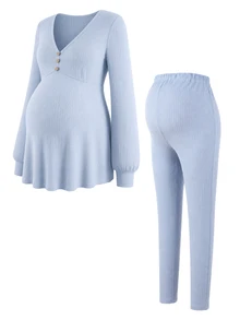 GentleRue Maternity Maternity Blue Button Long Sleeve 2 Pieces Set Fall - Baby Blue - View 8