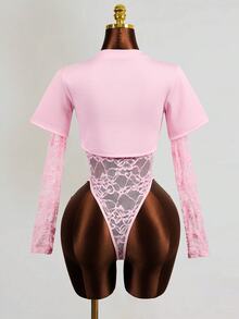 BamGleam Women's Long Sleeve 2 In 1 Sexy Lace Bodysuit - Pink - View 3