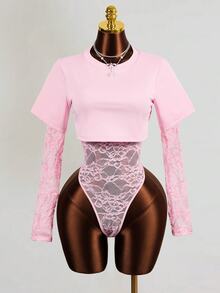BamGleam Women's Long Sleeve 2 In 1 Sexy Lace Bodysuit - Pink - View 4