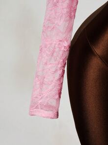 BamGleam Women's Long Sleeve 2 In 1 Sexy Lace Bodysuit - Pink - View 9