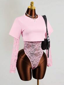 BamGleam Women's Long Sleeve 2 In 1 Sexy Lace Bodysuit - Pink - View 5