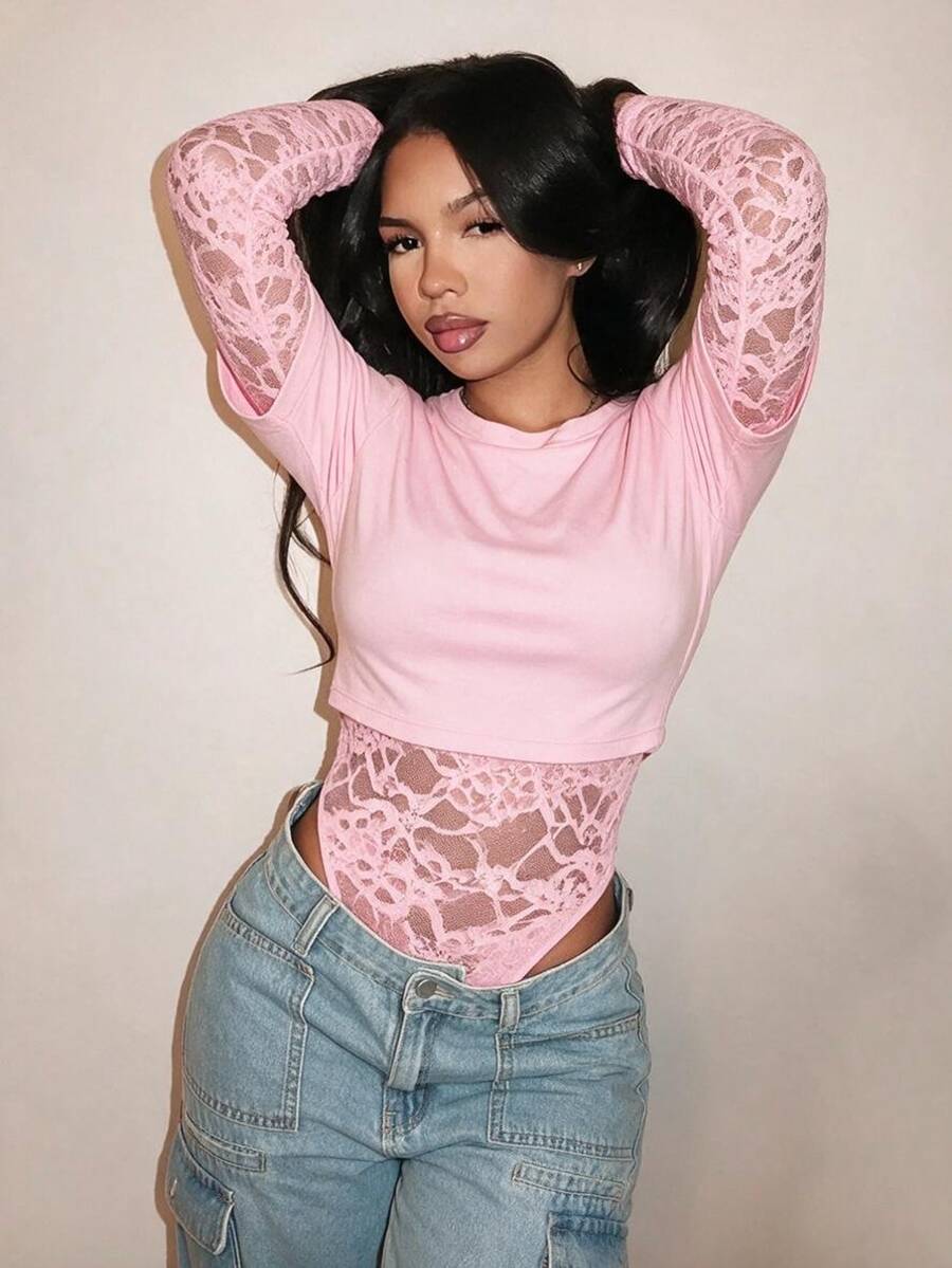 BamGleam Women's Long Sleeve 2 In 1 Sexy Lace Bodysuit