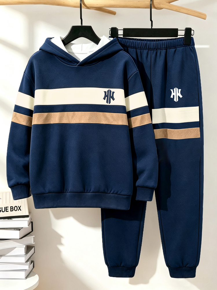 2pcs Set Hoodie Anak Laki-Laki Remaja Kasual Longgar Biru Tua Bergaris Blok Warna Cetak Huruf Lengan Panjang Longgar Berkerudung Musim Gugur Kembali ke Sekolah Sekolah Jalanan Sekolah - MultiWarna - View 3