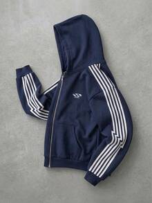 SUMWON Mens Oversized Full Zip Hoodie With White Side Stripe Detail Elasticated Hem Centre Pocket Retro Track Style - Navy Blue - View 1