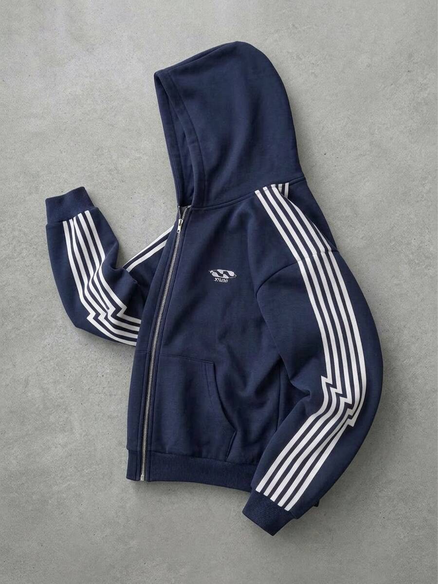 SUMWON Mens Oversized Full Zip Hoodie With White Side Stripe Detail Elasticated Hem Centre Pocket Retro Track Style - Navy Blue - View 1