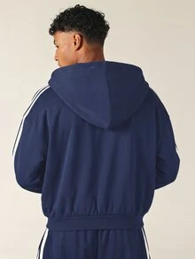 SUMWON Mens Oversized Full Zip Hoodie With White Side Stripe Detail Elasticated Hem Centre Pocket Retro Track Style - Navy Blue - View 6