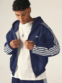 SUMWON Mens Oversized Full Zip Hoodie With White Side Stripe Detail Elasticated Hem Centre Pocket Retro Track Style - Navy Blue - View 5