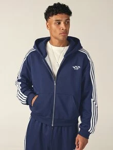 SUMWON Mens Oversized Full Zip Hoodie With White Side Stripe Detail Elasticated Hem Centre Pocket Retro Track Style - Navy Blue - View 4