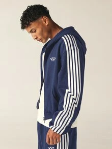 SUMWON Mens Oversized Full Zip Hoodie With White Side Stripe Detail Elasticated Hem Centre Pocket Retro Track Style - Navy Blue - View 7
