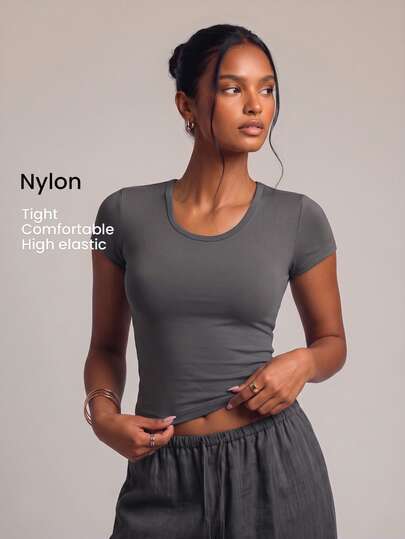 YARNWELL Women's High Stretch Fitted T-Shirt – Soft Supportive Basic Top, Everyday Homewear Going Out Casual Dark Grey Body-Shaping Fit