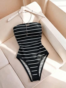 SHEIN Franclia 時尚修身性感無肩帶條紋女款連身衣 - 黑與白 - 查看 1