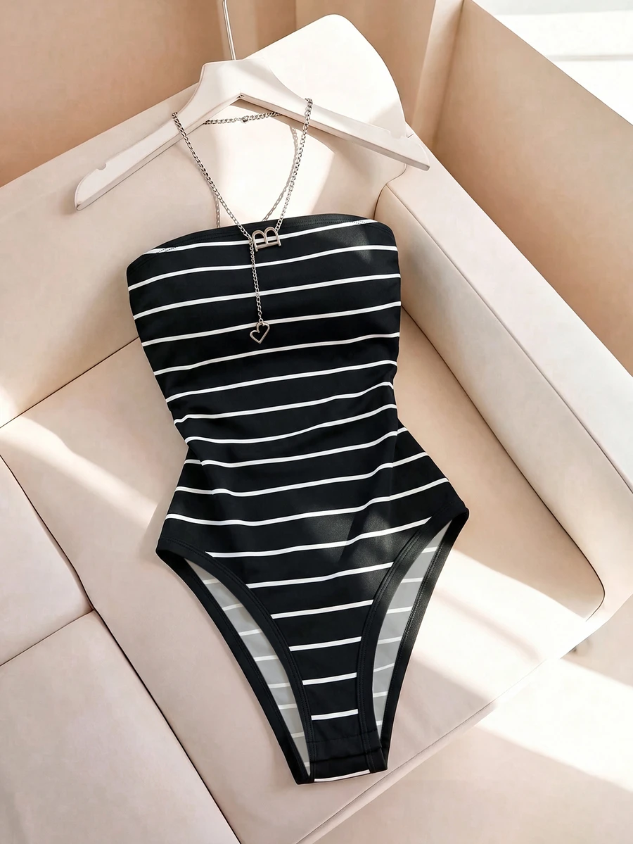 SHEIN Franclia 時尚修身性感無肩帶條紋女款連身衣 - 黑與白 - 查看 1