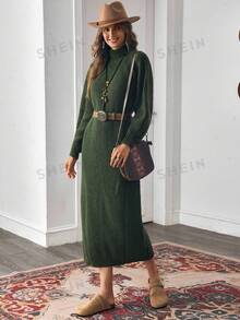 SHEIN LUNE Women's Solid Color High Neck Raglan Long Sleeve Casual Knit Dress - Army Green - View 4