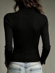 SHEIN Top de Base de Malha Slim-Fit com Gola Semi-Alta Francesa para Mulheres, Roupa de Baixo Premium de Manga Longa em Cor Sólida para Outono/Inverno com Punhos de Botão Dourado - Preto - Visão 2