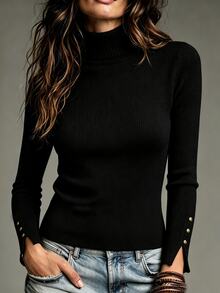 SHEIN Top de Base de Malha Slim-Fit com Gola Semi-Alta Francesa para Mulheres, Roupa de Baixo Premium de Manga Longa em Cor Sólida para Outono/Inverno com Punhos de Botão Dourado - Preto - Visão 1
