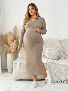Plussiva Plus Size Maternity Casual Side Slit Dress, Autumn - Khaki - View 7
