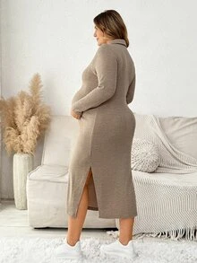 Plussiva Plus Size Maternity Casual Side Slit Dress, Autumn - Khaki - View 4
