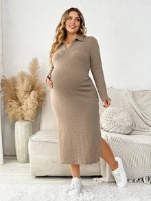 Plussiva Plus Size Maternity Casual Side Slit Dress, Autumn - Khaki - View 3