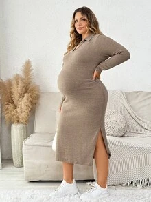 Plussiva Plus Size Maternity Casual Side Slit Dress, Autumn - Khaki - View 6
