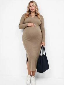 Plussiva Plus Size Maternity Casual Side Slit Dress, Autumn - Khaki - View 1
