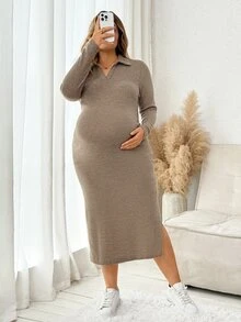 Plussiva Plus Size Maternity Casual Side Slit Dress, Autumn - Khaki - View 5