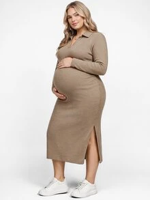 Plussiva Plus Size Maternity Casual Side Slit Dress, Autumn - Khaki - View 2