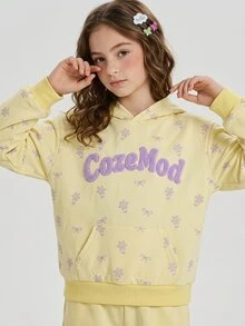 SHEIN Tween Girls Fleece Thermal Lined Light Yellow Hooded Sweatshirt, Scattered Small Flower And Bow Pattern On Body, Long Sleeve, Fall Clothes, Halloween - Yellow - View 2