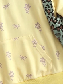 SHEIN Tween Girls Fleece Thermal Lined Light Yellow Hooded Sweatshirt, Scattered Small Flower And Bow Pattern On Body, Long Sleeve, Fall Clothes, Halloween - Yellow - View 6