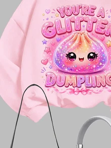 粉色多巴胺亮片捏捏樂包子印花「You're A Shiny Little Dumpling」女款休閒舒適軟綿寬鬆套頭衛衣與緊身褲兩件套，秋冬新款，適合日常穿著、外出、運動，俏皮甜酷風，時尚活力校園風，個性隨性時尚，Cyber Sweetheart，Y2K - 彩色 - 查看 6